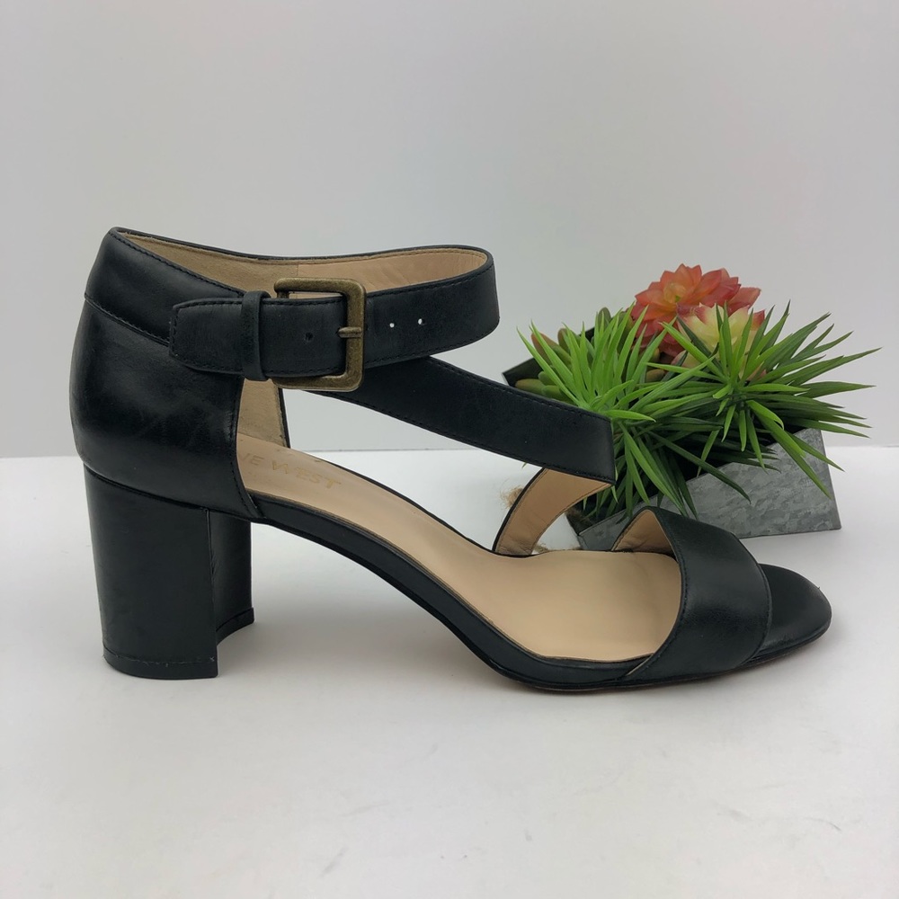 Nine West Black Leather Sandal Heels | 6.5
